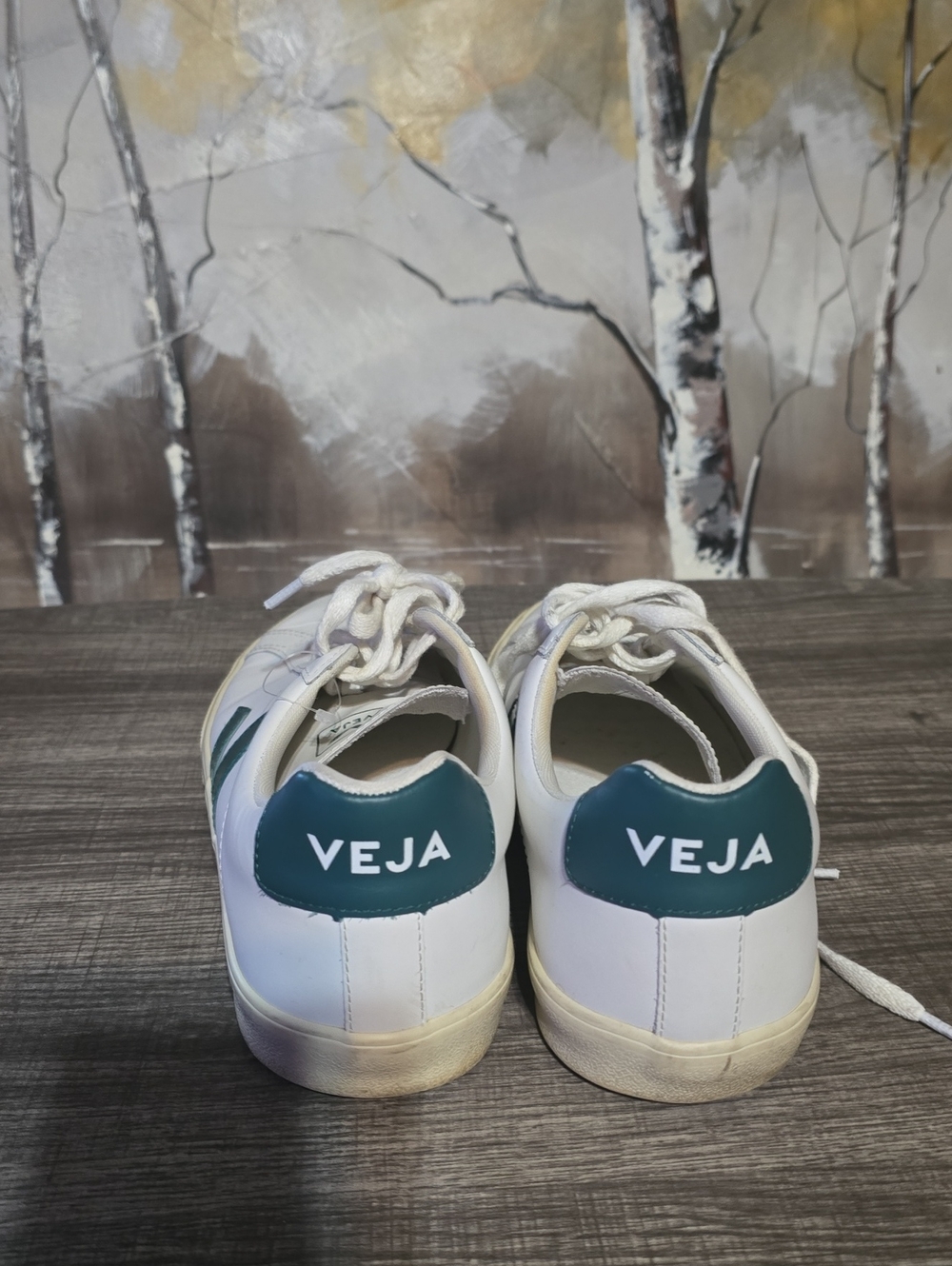 Veja White Leather Sneakers with Green Accents - Picture 2 of 4